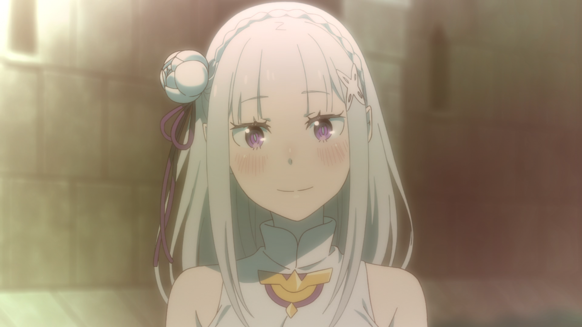 emilia (girl with white hair) smiles gently with a soft filter applied