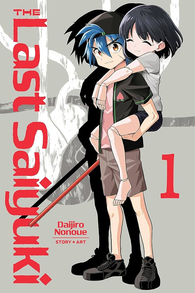 the last saiyuki manga by daijirou nonoue, pictured are a boy with blue hair in shorts carrying a small girl with doll-like features